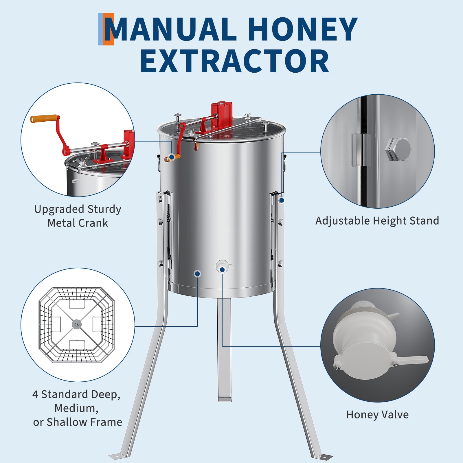 Garvee Upgraded 4 Frame Manual Honey Extractor with Side Handles, Food-Grade Stainless Steel Beekeeping Extractor with Adjustable Stand and Transparent Lid