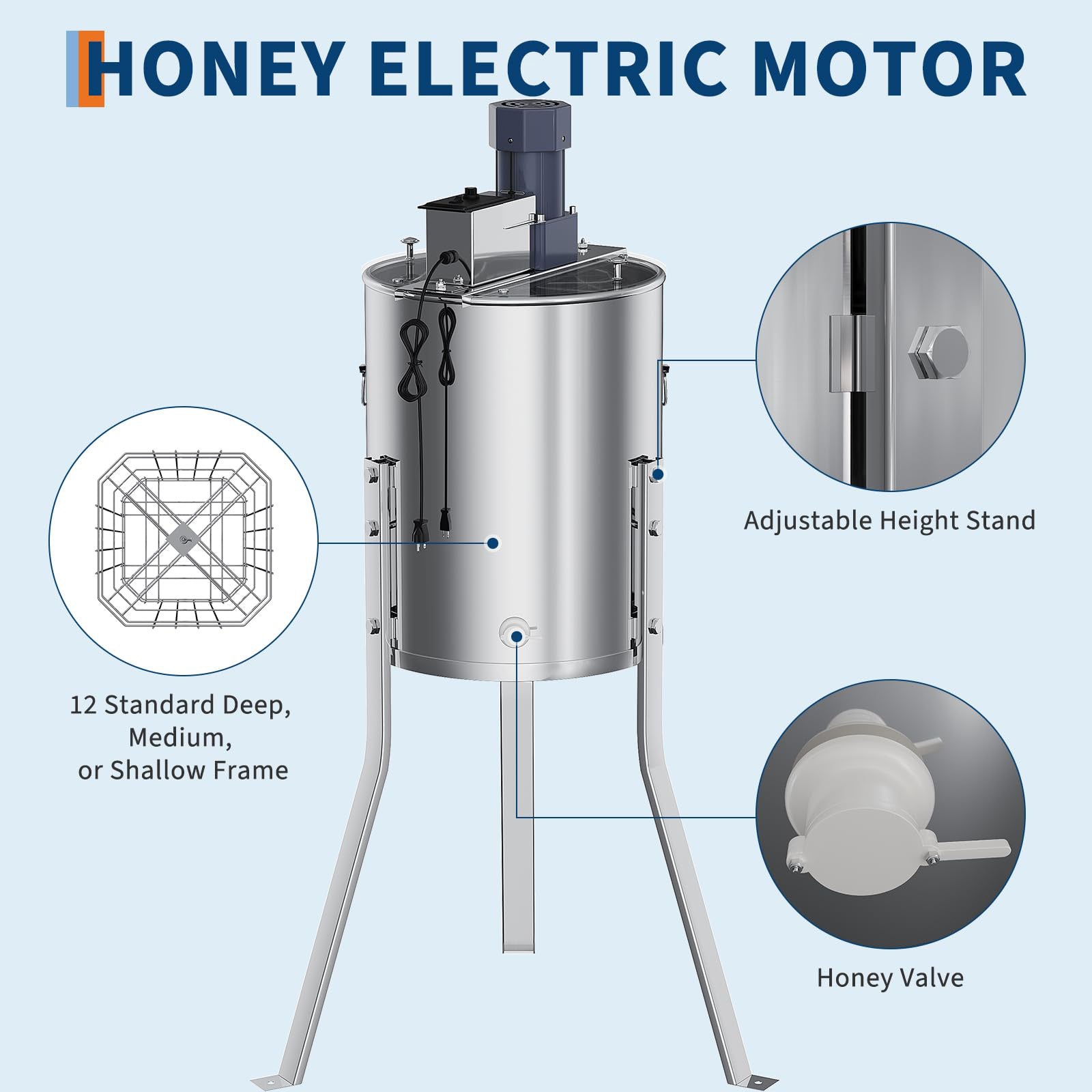 Garvee Upgraded 4/8 Frame Electric Honey Extractor with Side Handles, 140W Motor & Variable Speed 1300 RPM, Stainless Steel Beekeeping Equipment with Safety Auto-Stop Lid