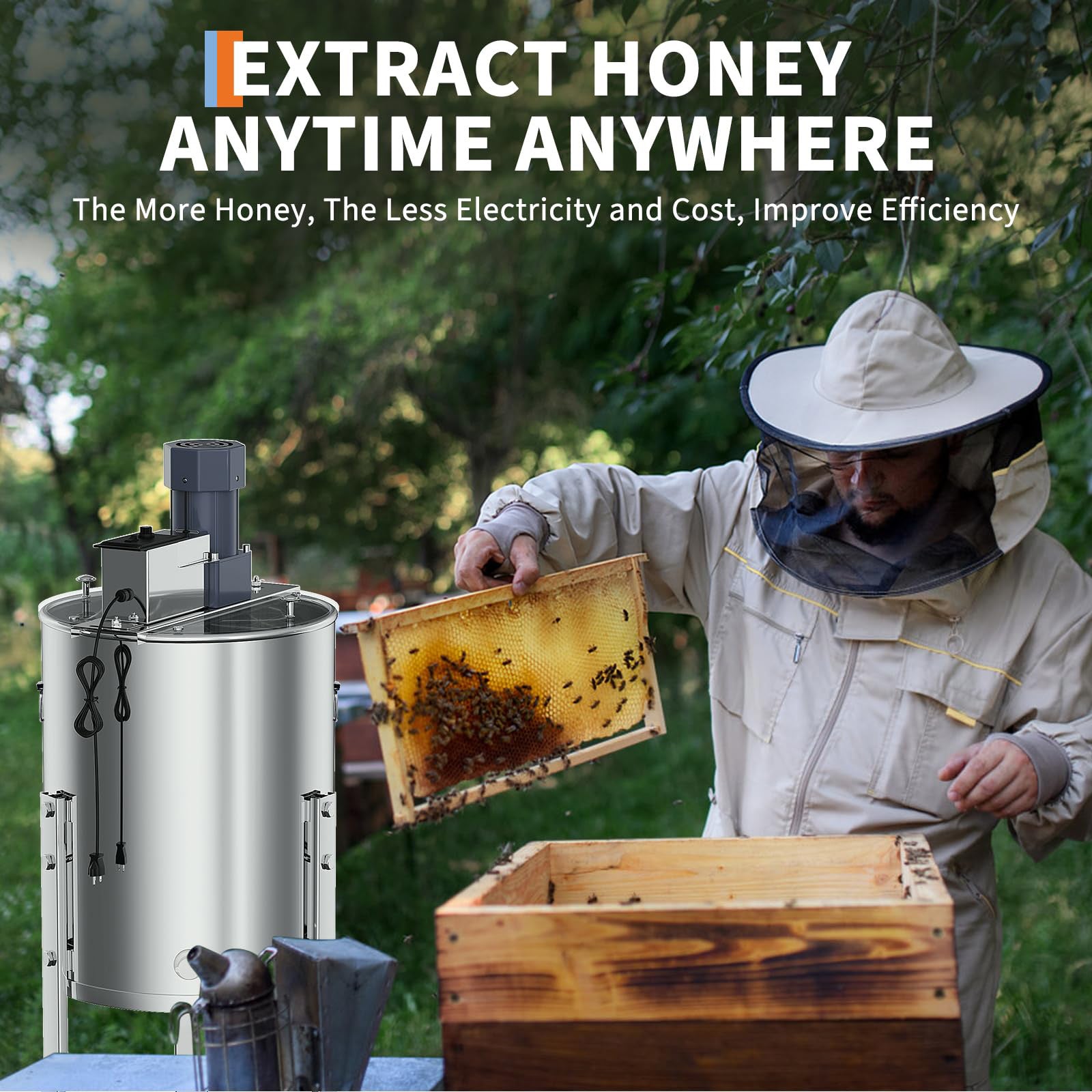 Garvee Upgraded 4/8 Frame Electric Honey Extractor with Side Handles, 140W Motor & Variable Speed 1300 RPM, Stainless Steel Beekeeping Equipment with Safety Auto-Stop Lid