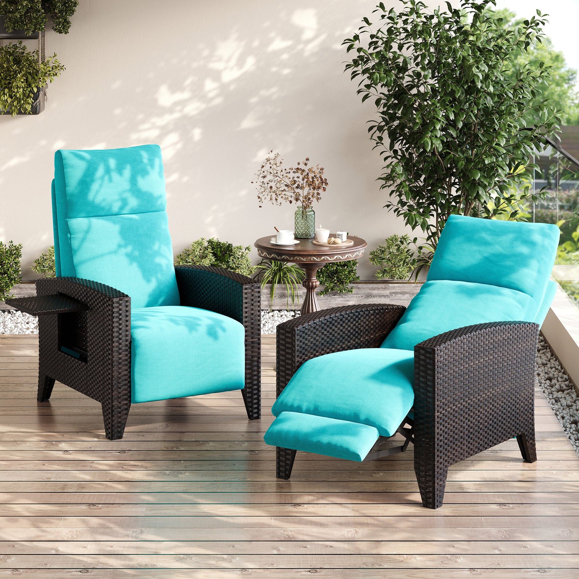 Garvee Black Rattan Outdoor Recliner Chair with 175° Backrest, Footrest, Flip-Up Table & Turquoise Cushion