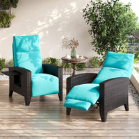 Garvee Black Rattan Outdoor Recliner Chair with 175° Backrest, Footrest, Flip-Up Table & Turquoise Cushion