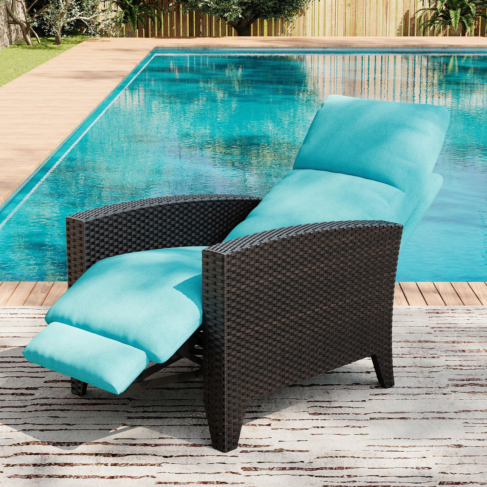 Garvee Black Rattan Outdoor Recliner Chair with 175° Backrest, Footrest, Flip-Up Table & Turquoise Cushion