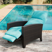 Garvee Black Rattan Outdoor Recliner Chair with 175° Backrest, Footrest, Flip-Up Table & Turquoise Cushion