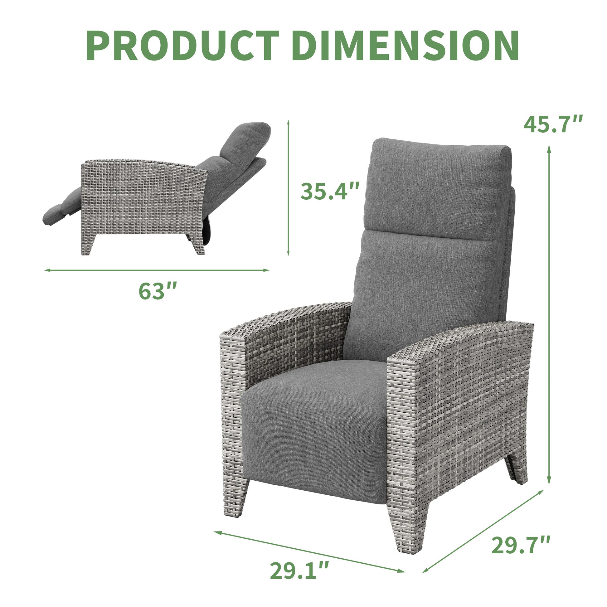 Garvee Gray Rattan Outdoor Recliner Chair with 175° Backrest, Footrest, Flip-Up Table & Light Gray Cushion