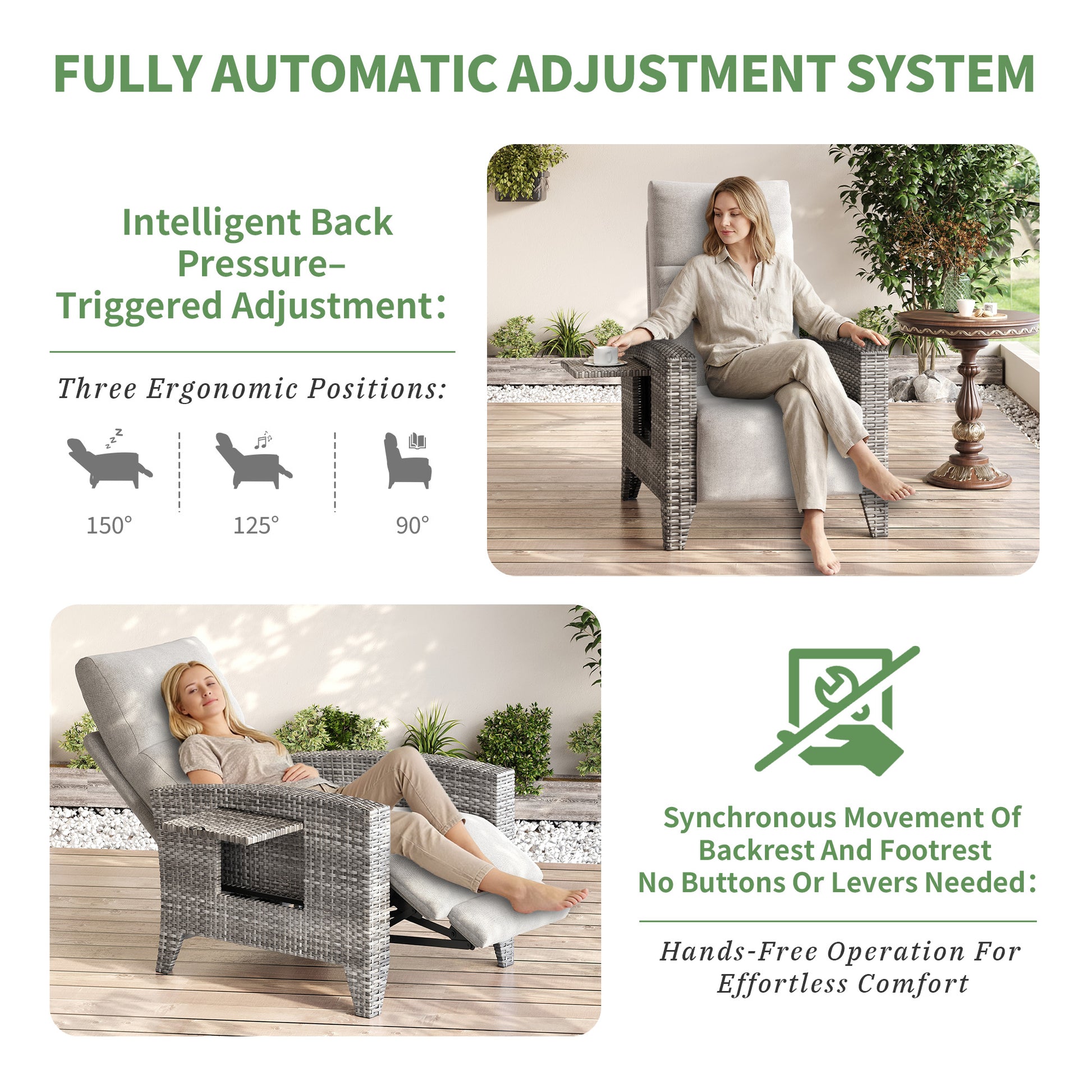 Garvee All-Weather Wicker Patio Recliner Chair with Adjustable Backrest, Footrest, Flip-Up Table & Taupe Cushion