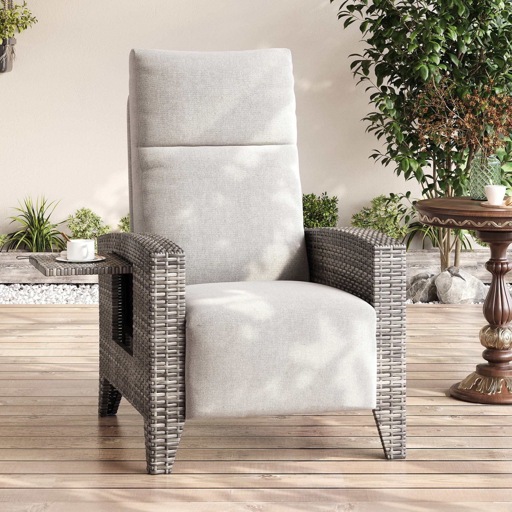 Garvee All-Weather Wicker Patio Recliner Chair with Adjustable Backrest, Footrest, Flip-Up Table & Taupe Cushion