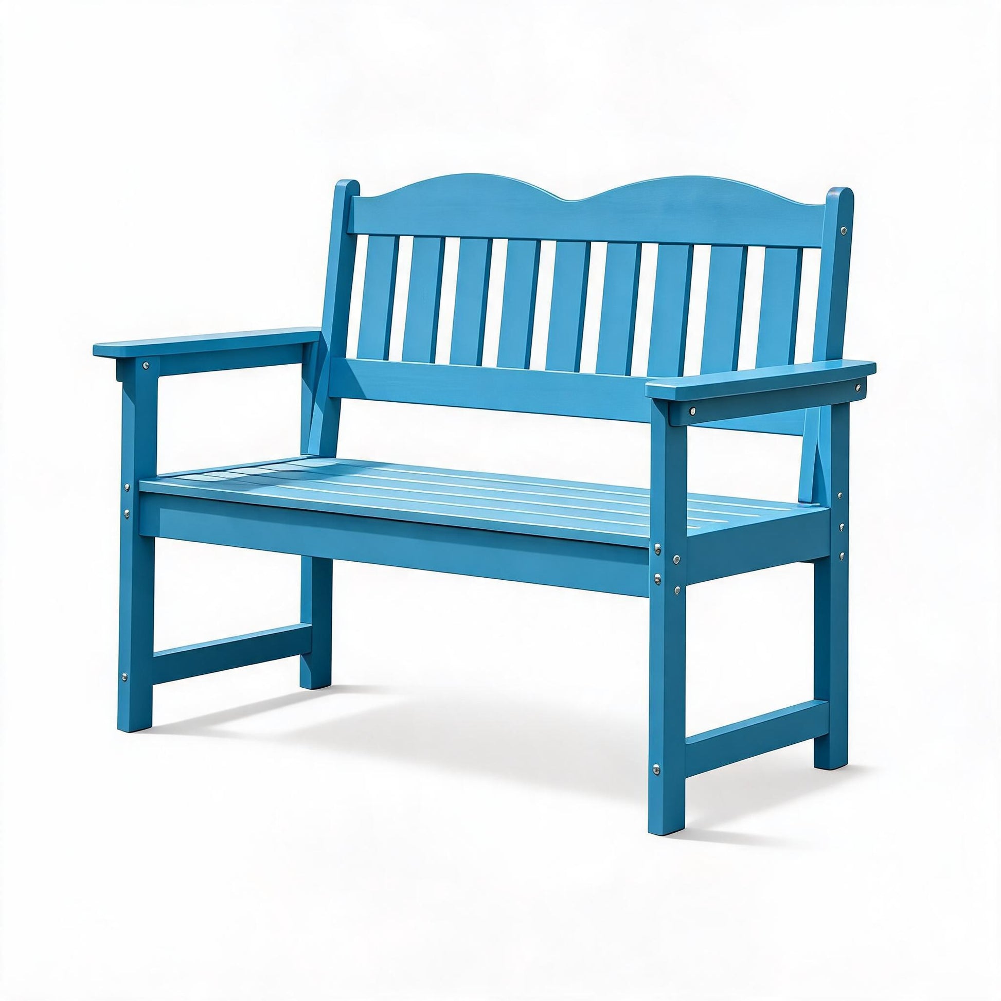 Garvee Outdoor Poly Lumber Patio Bench, 2-Person Weather-Resistant Garden Bench with Curved Backrest, Slatted Seat & Wide Armrests, Blue