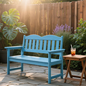 Garvee Outdoor Poly Lumber Patio Bench, 2-Person Weather-Resistant Garden Bench with Curved Backrest, Slatted Seat & Wide Armrests, Blue