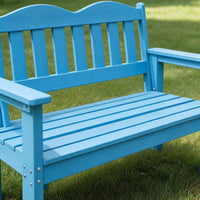 Garvee Outdoor Poly Lumber Patio Bench, 2-Person Weather-Resistant Garden Bench with Curved Backrest, Slatted Seat & Wide Armrests, Blue