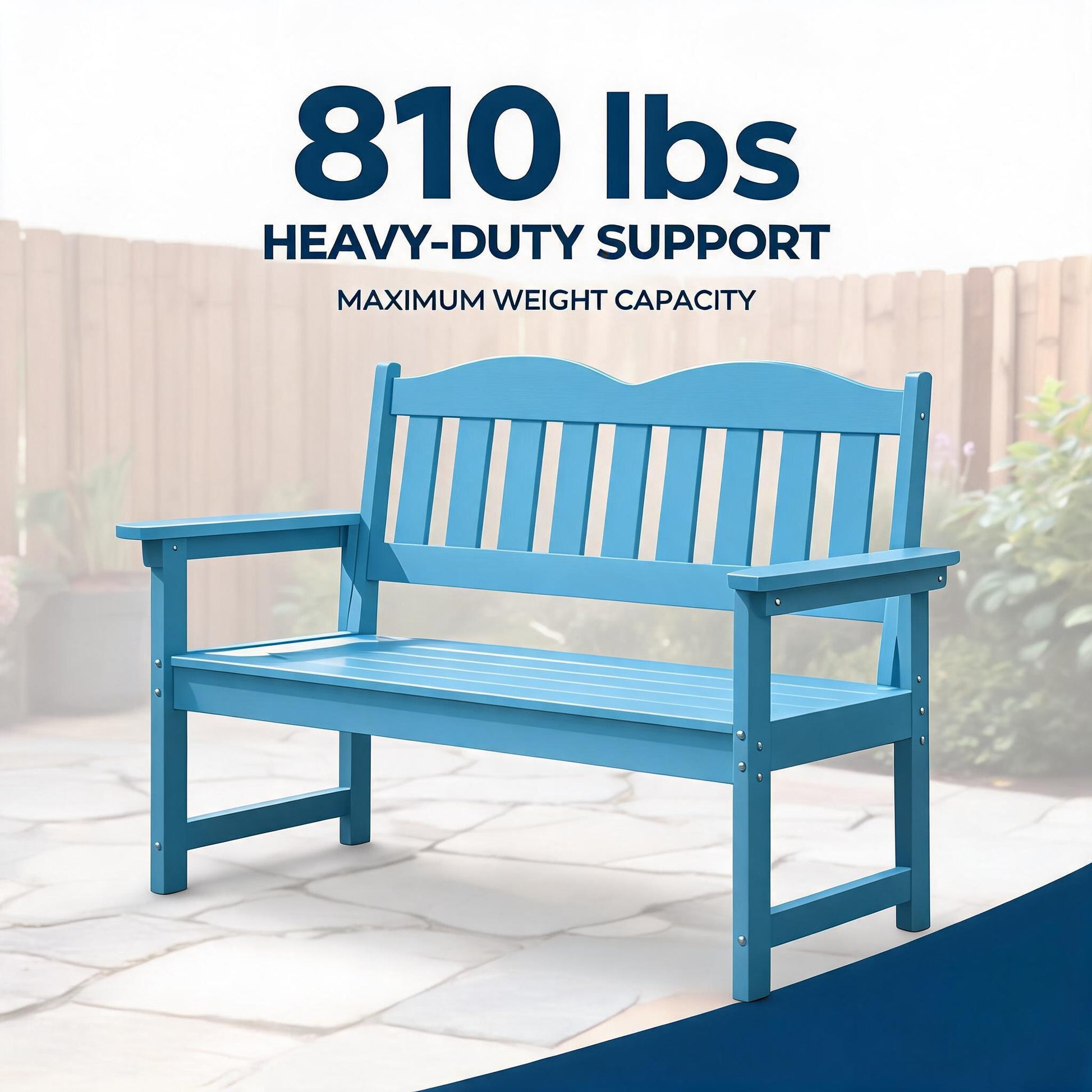 Garvee Outdoor Poly Lumber Patio Bench, 2-Person Weather-Resistant Garden Bench with Curved Backrest, Slatted Seat & Wide Armrests, Blue