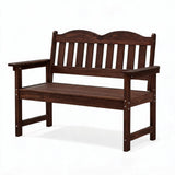 Garvee Outdoor Poly Lumber Patio Bench, 2-Person Weather-Resistant Garden Bench with Curved Backrest, Slatted Seat & Wide Armrests, Light Brown