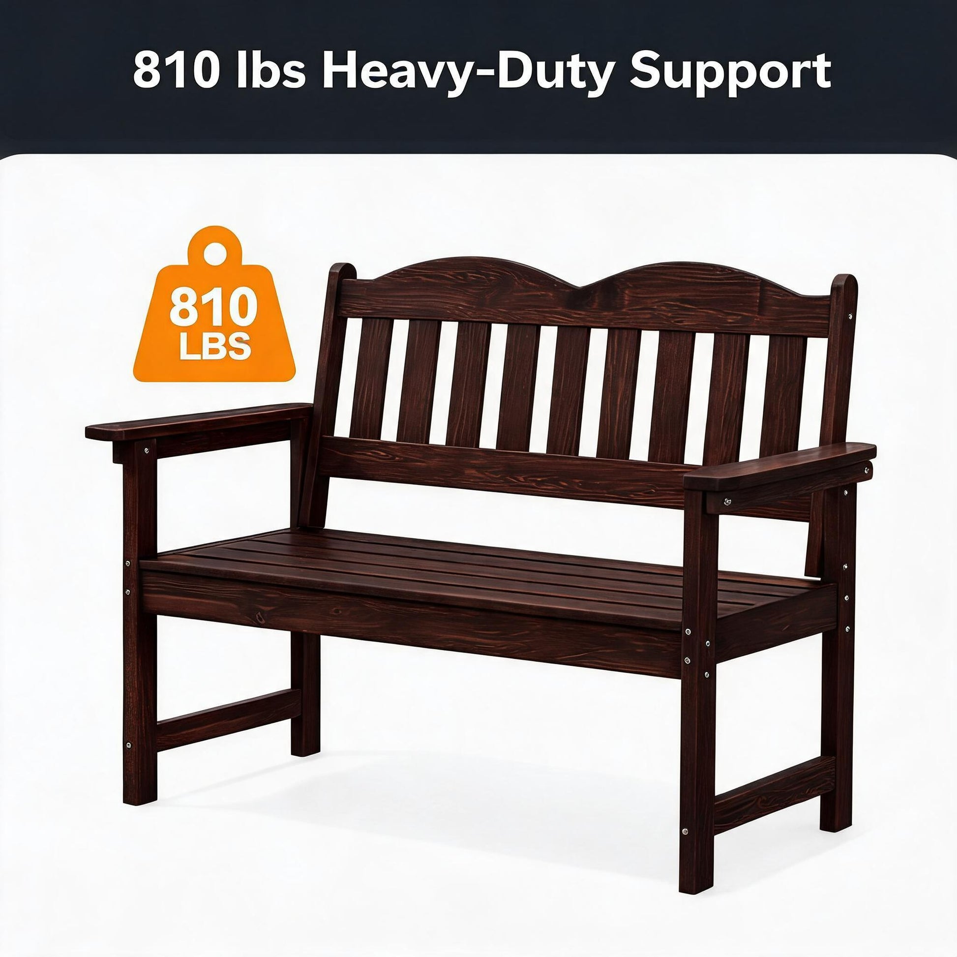 Garvee Outdoor Poly Lumber Patio Bench, 2-Person Weather-Resistant Garden Bench with Curved Backrest, Slatted Seat & Wide Armrests, Light Brown