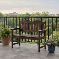 Garvee Outdoor Poly Lumber Patio Bench, 2-Person Weather-Resistant Garden Bench with Curved Backrest, Slatted Seat & Wide Armrests, Light Brown