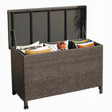 Garvee 185 Gallon Outdoor Wicker Storage Box, Waterproof PE Rattan Deck Box with Gas Strut Lid, Wheels & Side Handles, Patio Storage Bench for Cushions, Garden Tools & Pool Supplies, Brown