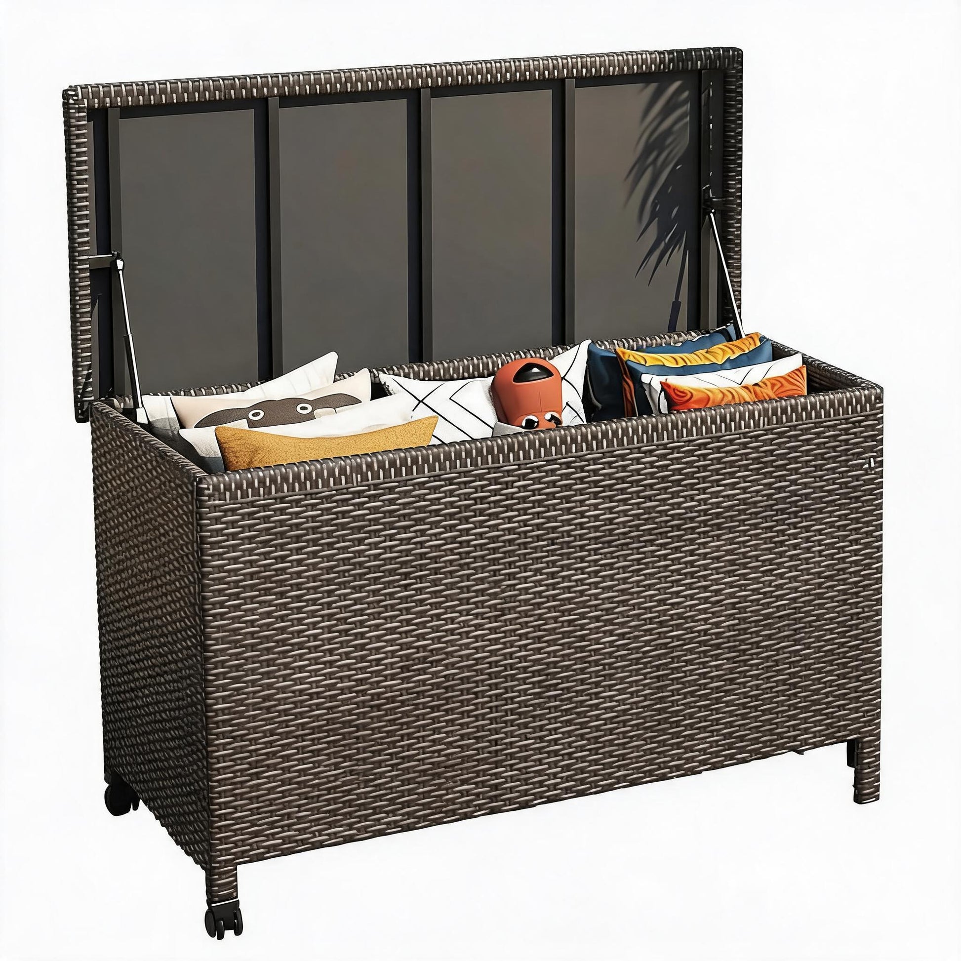 Garvee 185 Gallon Outdoor Wicker Storage Box, Waterproof PE Rattan Deck Box with Gas Strut Lid, Wheels & Side Handles, Patio Storage Bench for Cushions, Garden Tools & Pool Supplies, Brown