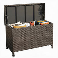 Garvee 185 Gallon Outdoor Wicker Storage Box, Waterproof PE Rattan Deck Box with Gas Strut Lid, Wheels & Side Handles, Patio Storage Bench for Cushions, Garden Tools & Pool Supplies, Brown