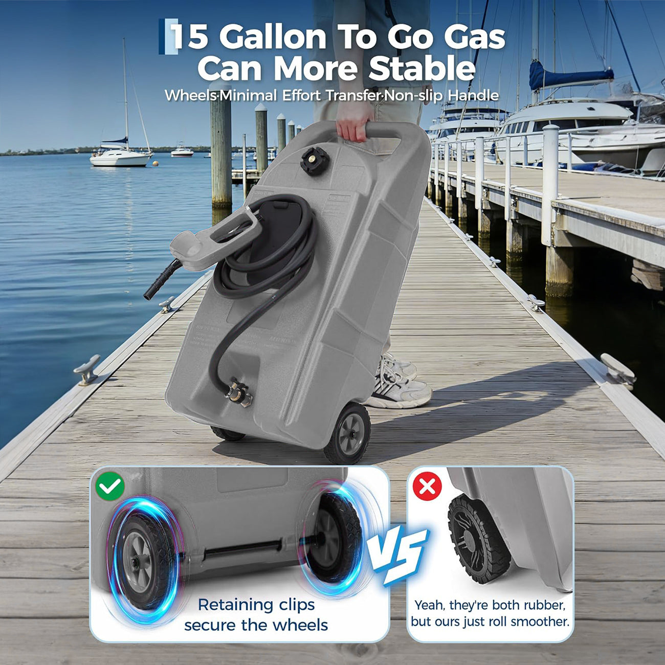 Garvee Upgraded 15-Gallon Gas Can & Fuel Tank - Portable Fuel Caddy with Manual Transfer Pump, 10FT Hose, and Wheels, Heavy-Duty Leak-Proof Design for Lawn Mowers, Tractors, Cars, Boats, ATVs, and Snow Blowers, Grey
