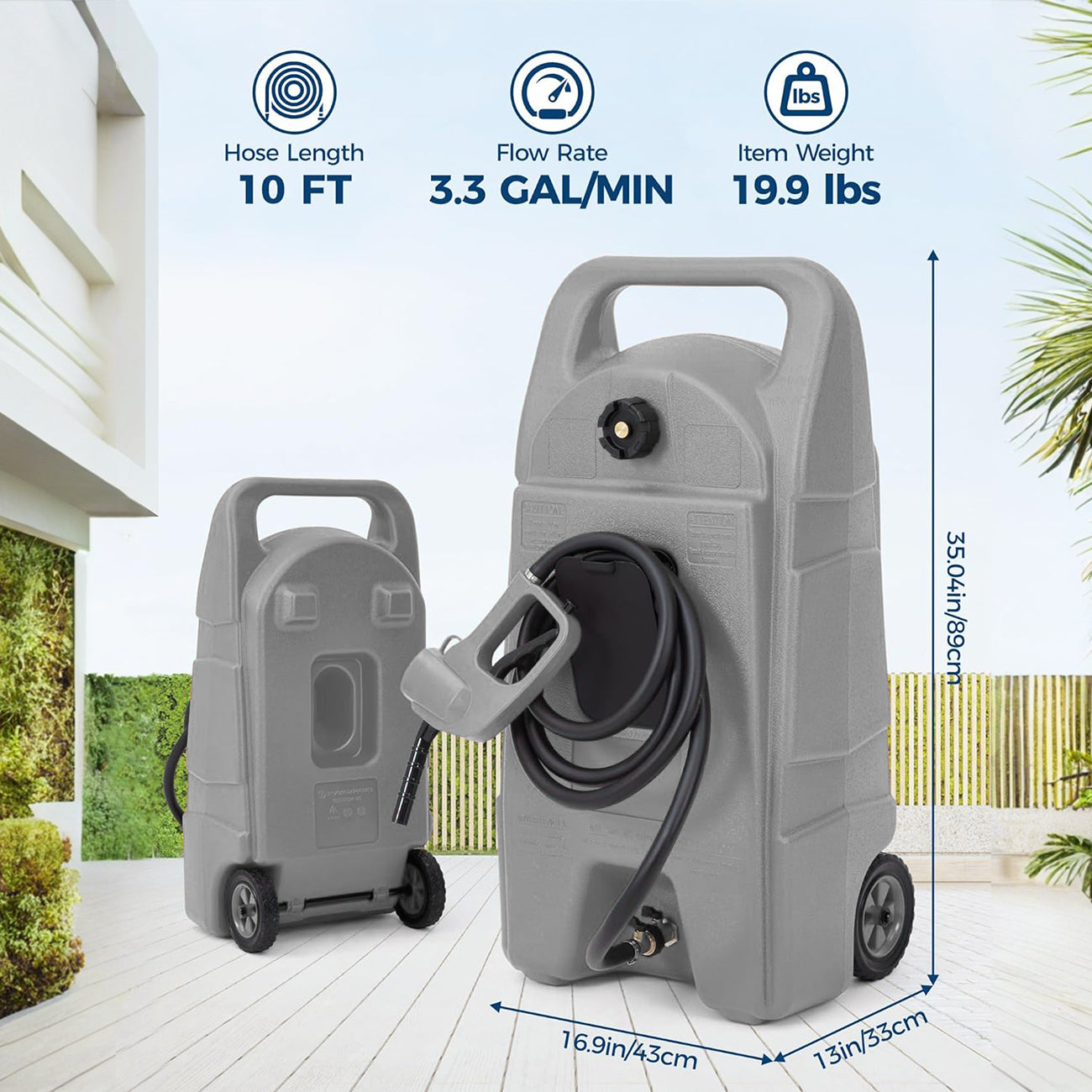 Garvee Upgraded 15-Gallon Gas Can & Fuel Tank - Portable Fuel Caddy with Manual Transfer Pump, 10FT Hose, and Wheels, Heavy-Duty Leak-Proof Design for Lawn Mowers, Tractors, Cars, Boats, ATVs, and Snow Blowers, Grey