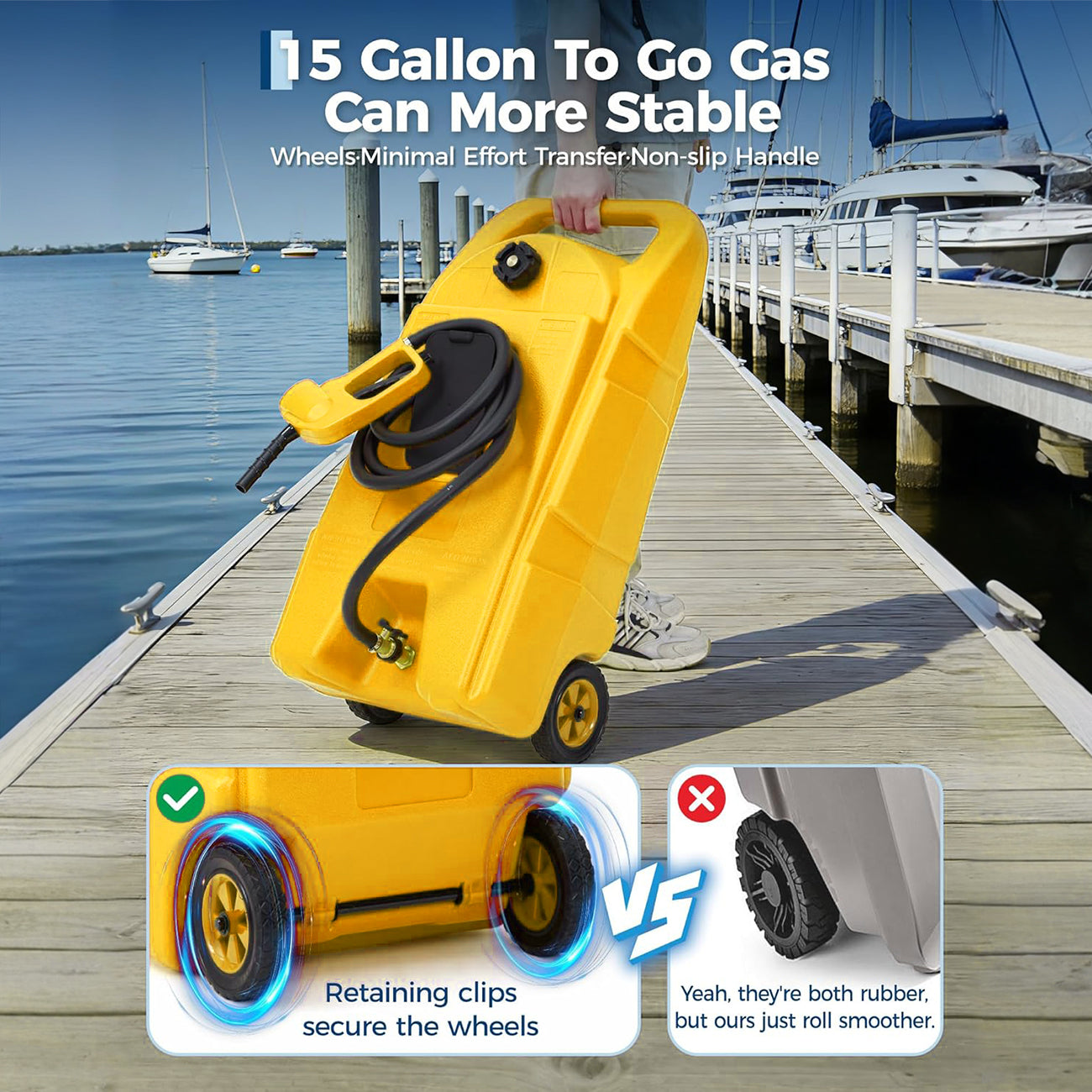Garvee 15 Gallon Gas Can Fuel Tank Container With Manual 10 FT Siphon Pump Portable Diesel Gas Storage Caddy Wheels For Car ATV Boat Tractor Snow Blower Generator, Yellow