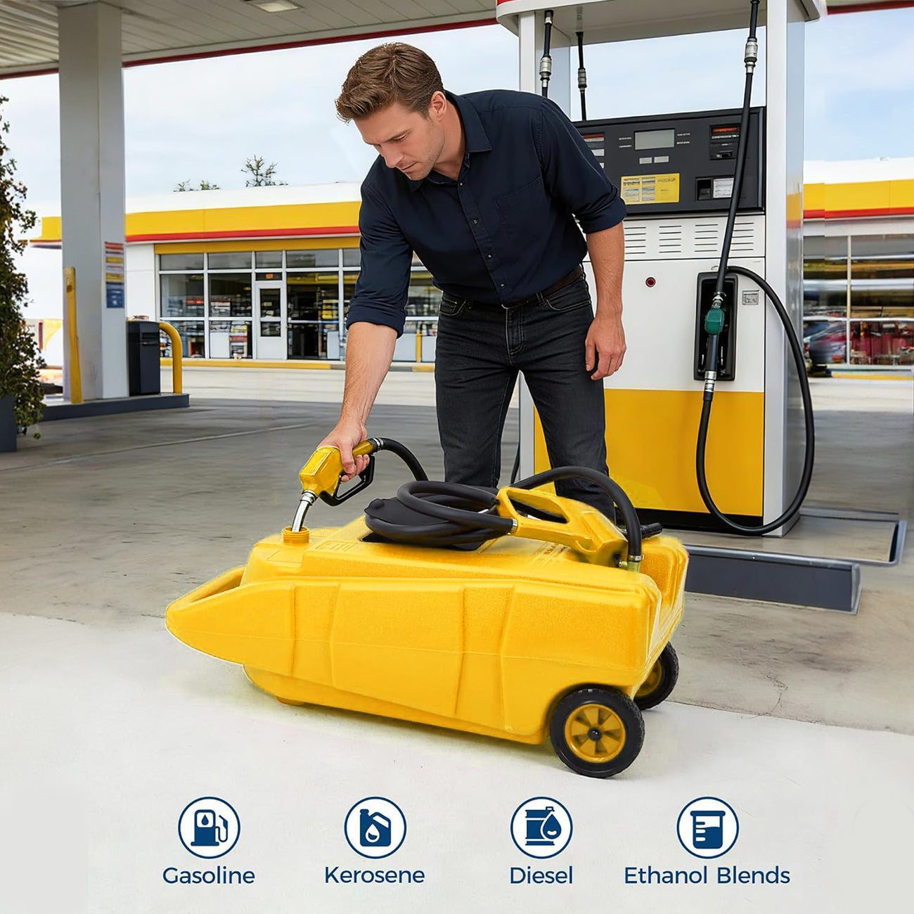 Garvee 15 Gallon Gas Can Fuel Tank Container With Manual 10 FT Siphon Pump Portable Diesel Gas Storage Caddy Wheels For Car ATV Boat Tractor Snow Blower Generator, Yellow
