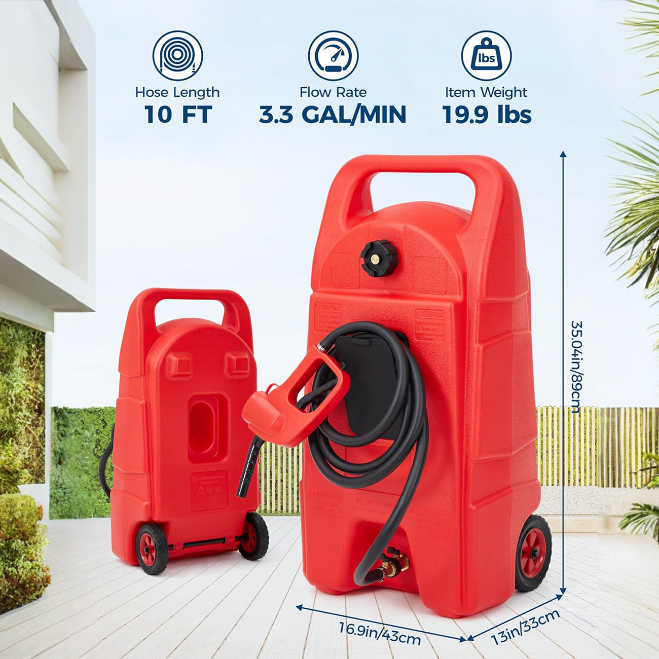 Garvee 15 Gallon Gas Can Heavy-Duty Fuel Tank With Manual Transfer Pump & 10FT Hose Portable Gas Caddy With Wheels Leak-Proof Gas Container For Lawn Mowers Cars Boats ATVs, Red