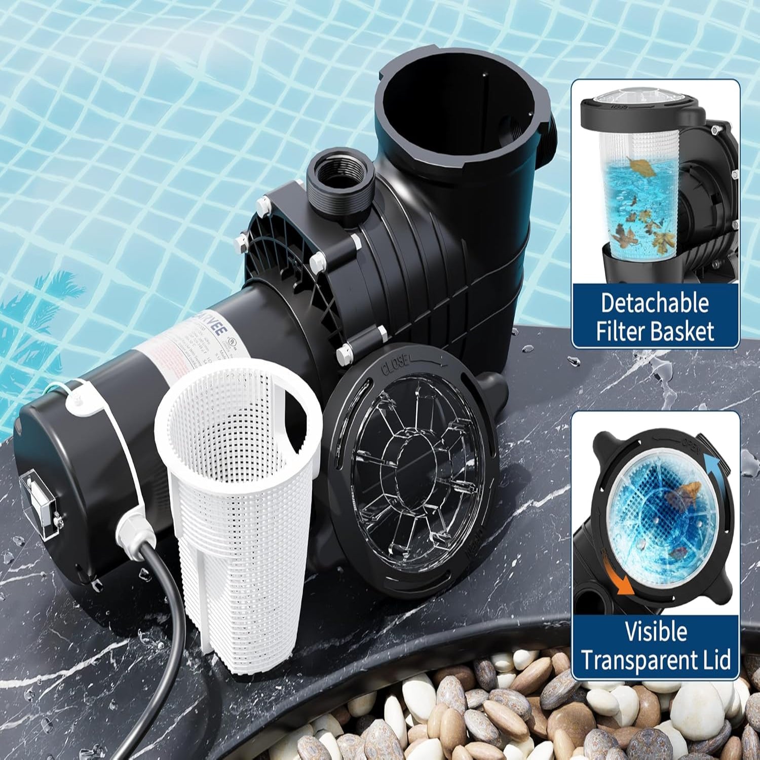 Garvee 2.0 HP Pool Pump, 1500W Dual Voltage 115/220V Above Ground & Inground Swimming Pool Pump with Strainer Basket, High Flow Water Circulation Pump