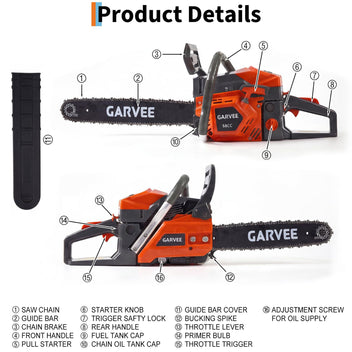 Garvee 18 Inch Gas Chainsaw 58cc 2-Stroke, 2.5KW Powerful Engine, Quick Start, Auto Chain Lubrication, Anti-Vibration, Wood Cutting & Tree Trimming