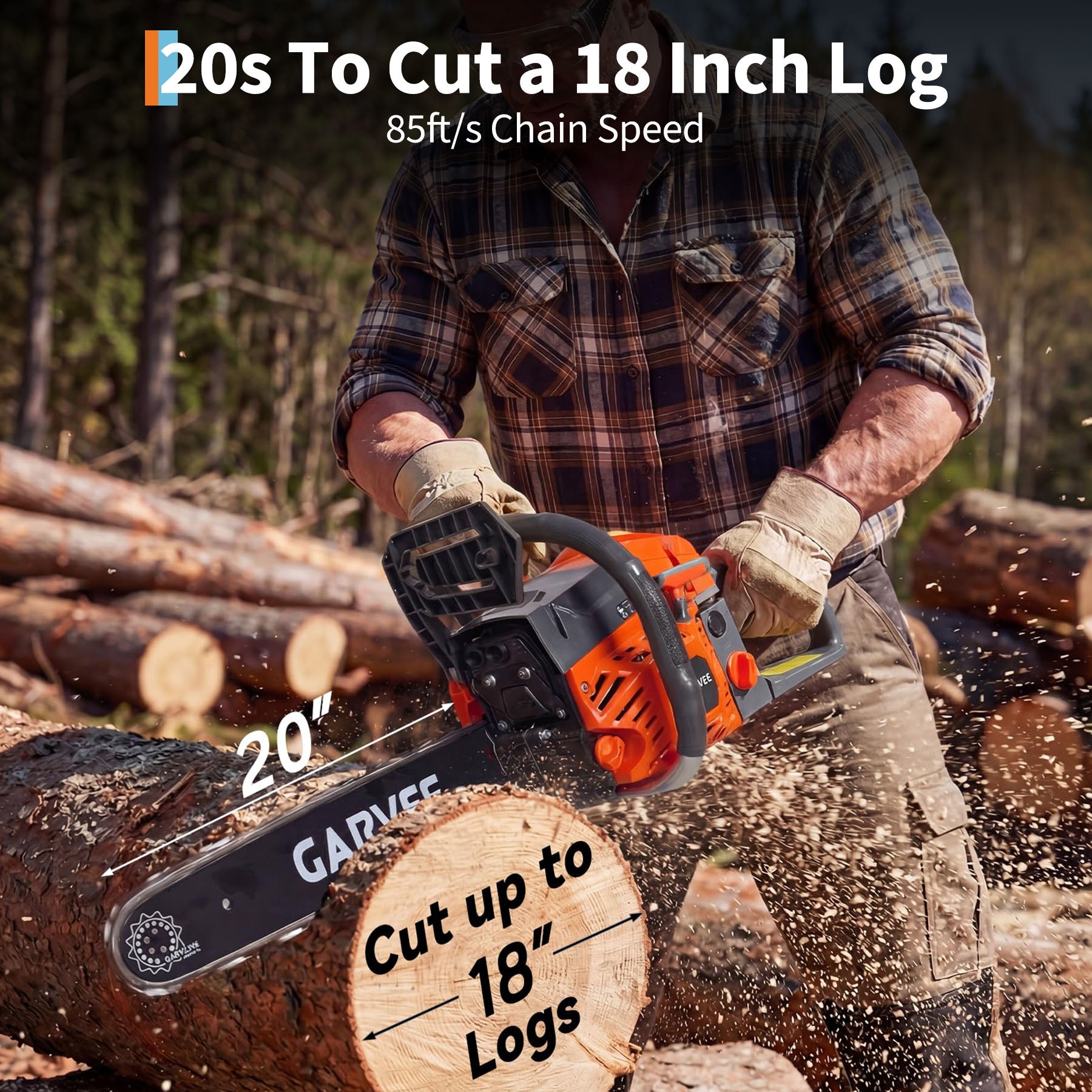 Garvee 18 Inch Gas Chainsaw 58cc 2-Stroke, 2.5KW Powerful Engine, Quick Start, Auto Chain Lubrication, Anti-Vibration, Wood Cutting & Tree Trimming