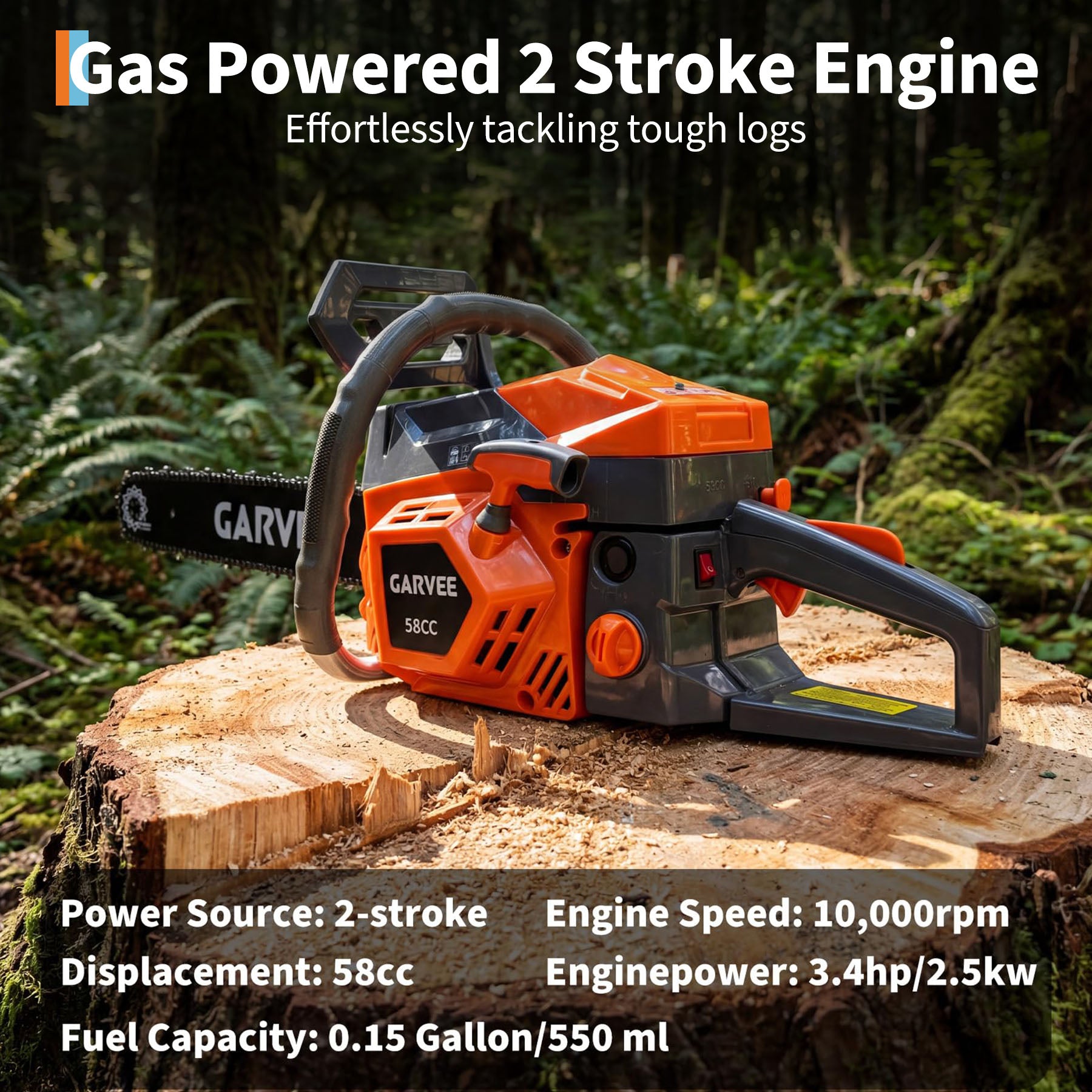 Garvee 18 Inch Gas Chainsaw 58cc 2-Stroke, 2.5KW Powerful Engine, Quick Start, Auto Chain Lubrication, Anti-Vibration, Wood Cutting & Tree Trimming
