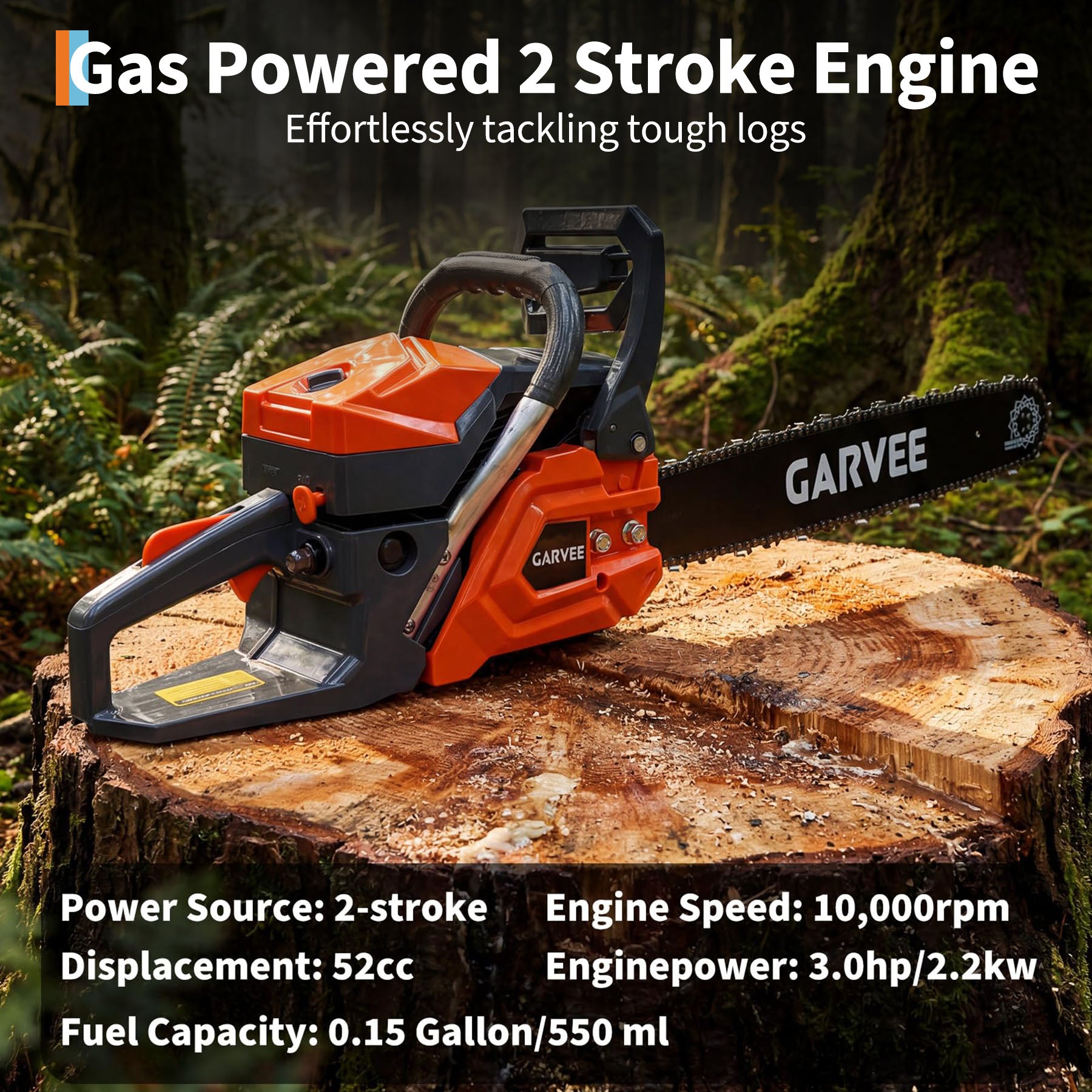 Garvee 16 Inch Gas Chainsaw 52cc 2-Stroke, 2.2KW Powerful Engine, Auto Chain Lubrication, Quick Start, Anti-Vibration, Tree Trimming & Wood Cutting