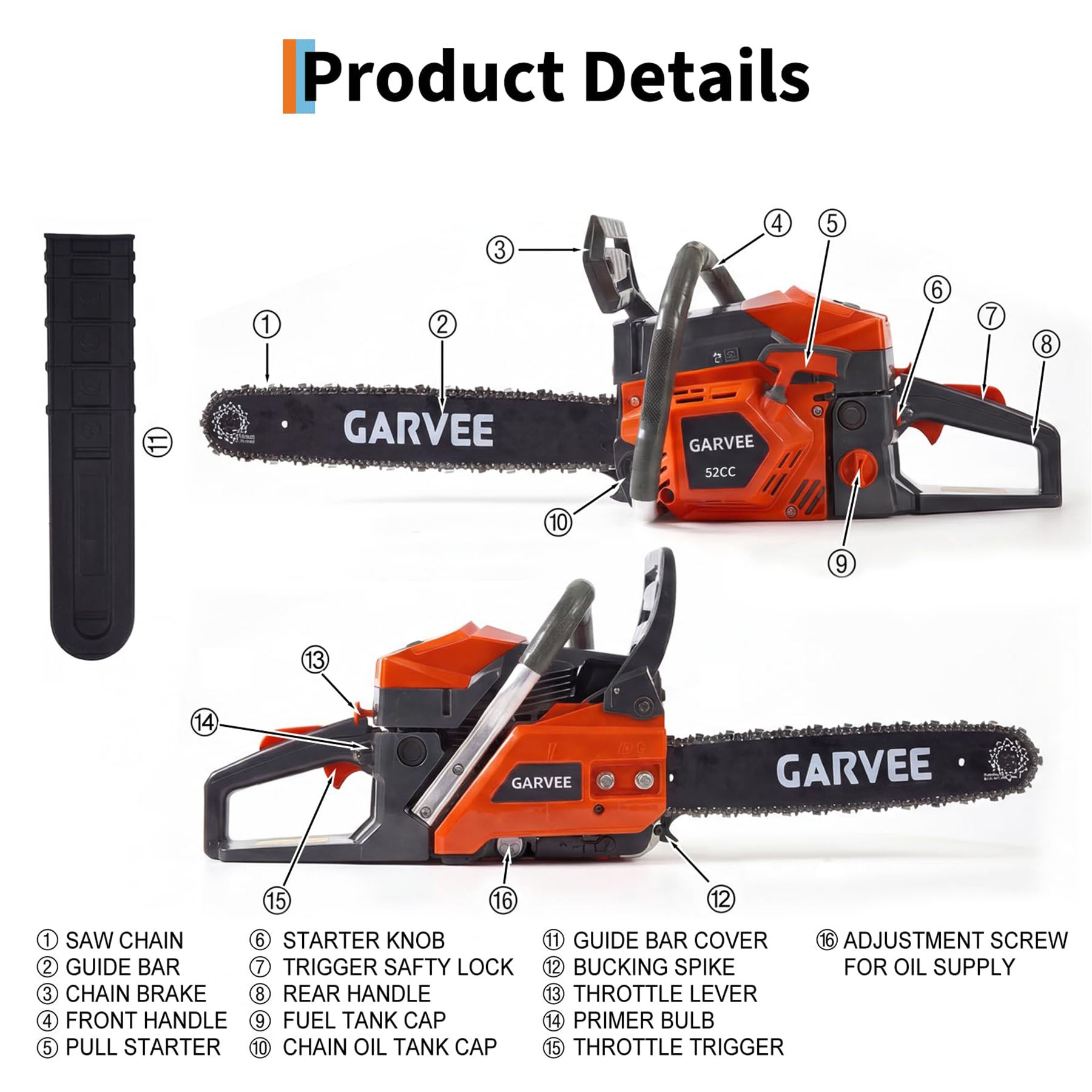 Garvee 16 Inch Gas Chainsaw 52cc 2-Stroke, 2.2KW Powerful Engine, Auto Chain Lubrication, Quick Start, Anti-Vibration, Tree Trimming & Wood Cutting