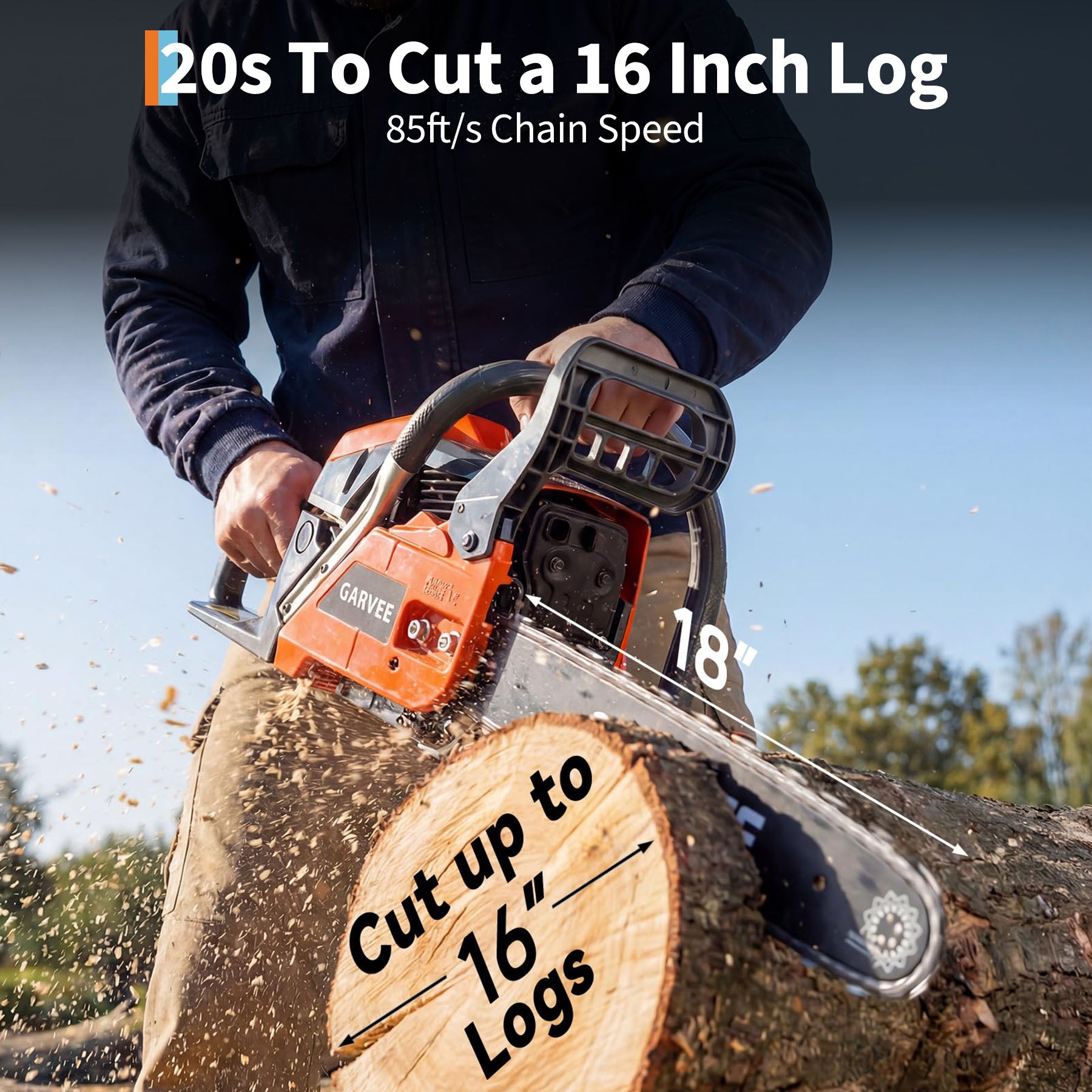 Garvee 16 Inch Gas Chainsaw 52cc 2-Stroke, 2.2KW Powerful Engine, Auto Chain Lubrication, Quick Start, Anti-Vibration, Tree Trimming & Wood Cutting