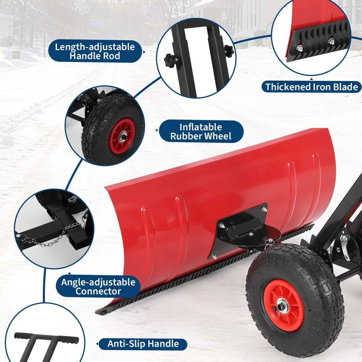 Garvee 29"W X 20"H Snow Pusher Shovel with Wheels,Heavy Duty Steel Snow Shovel with Wheels,Angled Blade Efficient Snow Removal With5-Position Angled Blade & Adjustable Handle for Doorway, Sidewalk