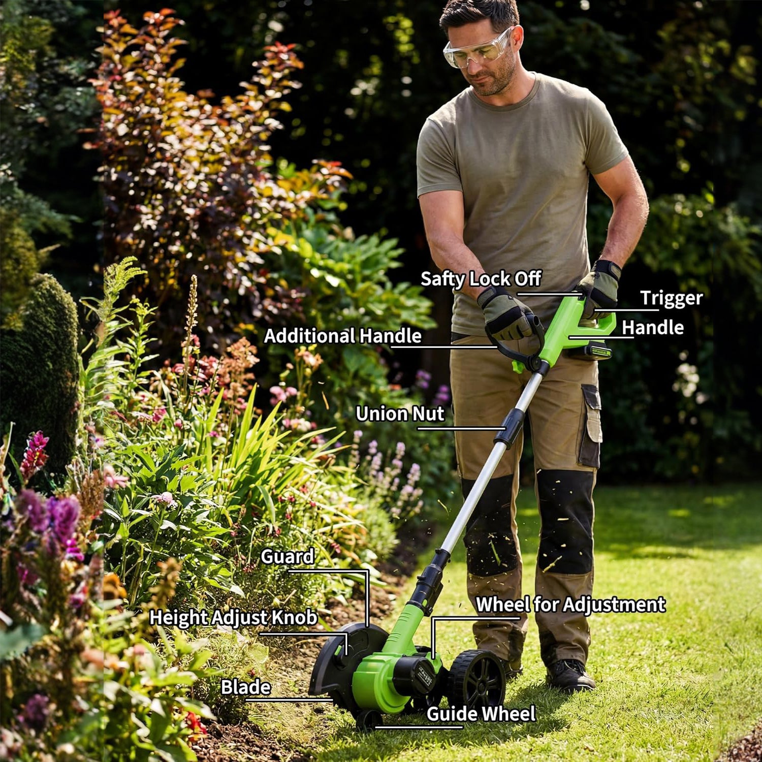 Garvee Cordless Lawn Edger 20V – 9-Inch Steel Blade, 4.0Ah Battery, Dual Wheels, Adjustable Depth for Driveway, Sidewalk & Garden, Light Green