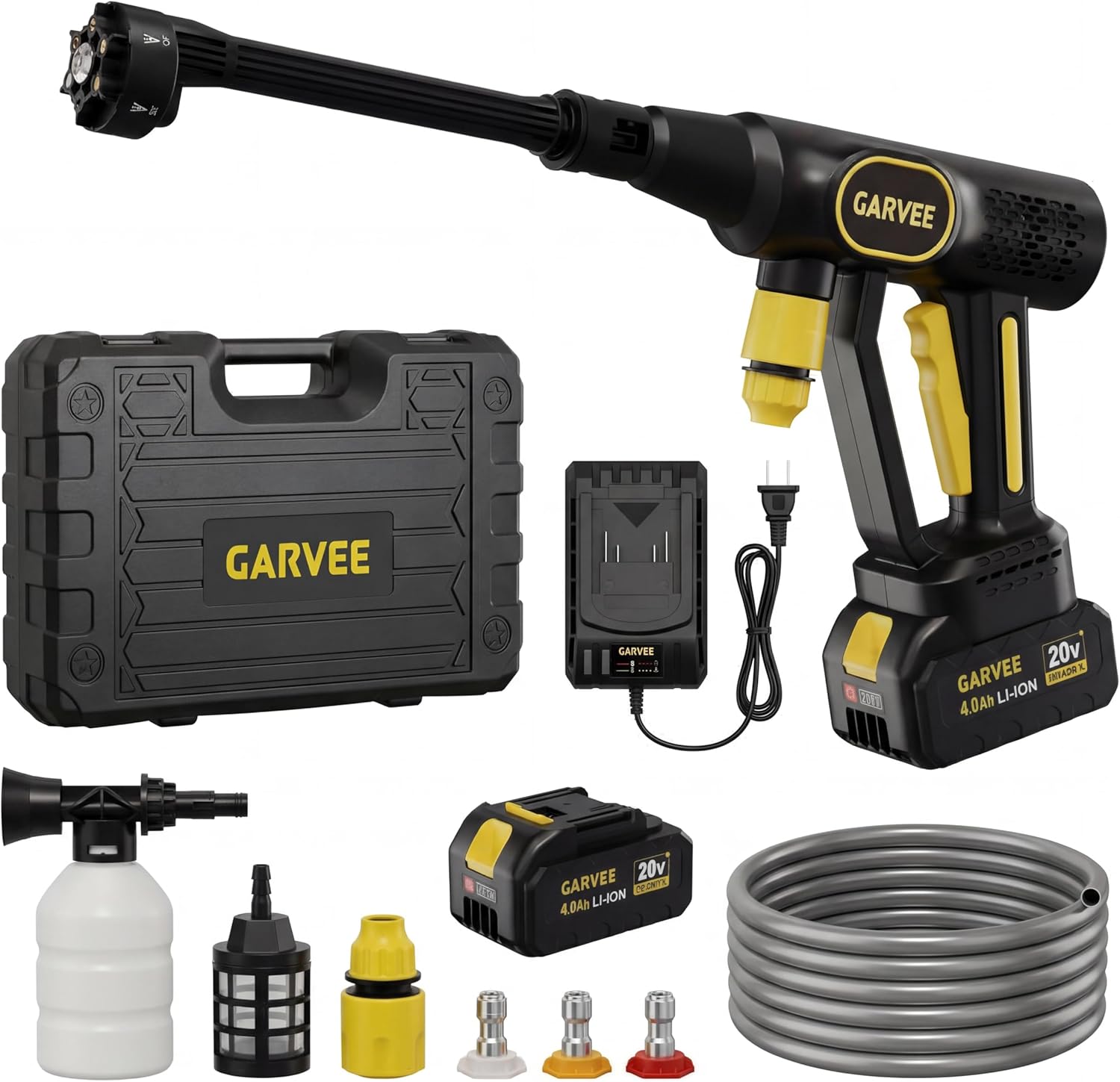 Garvee 20V Cordless Pressure Washer, 320 PSI Portable Power Cleaner with 6-in-1 Nozzle, Foam Cannon & 26ft Hose, 4.0Ah Battery for Car, Patio & Home, Black/Yellow