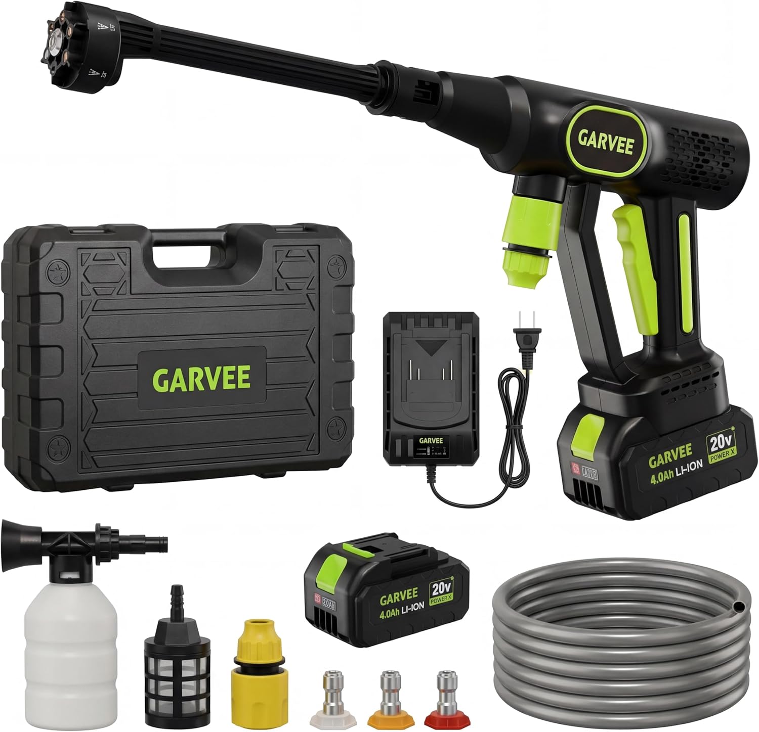 Garvee 20V Cordless Pressure Washer, 320 PSI Portable Power Cleaner with 6-in-1 Nozzle, Foam Cannon & 26ft Hose, 4.0Ah Battery for Car, Patio & Home, Black/Green