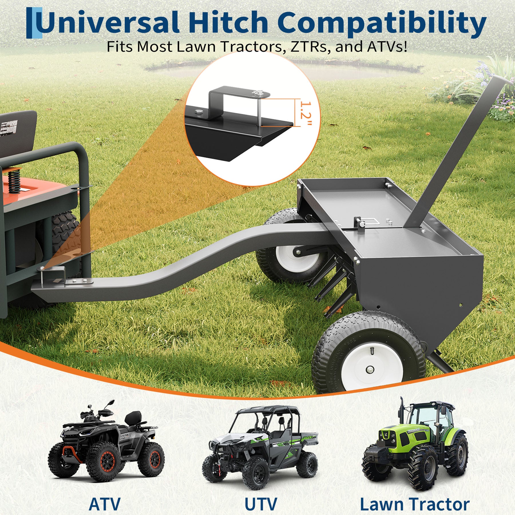 Garvee 40" Tow Behind Plug Aerator, 24 Steel Tines, 150 lb Weight Tray, Heavy-Duty Lawn Aerator with Universal Hitch & Pneumatic Wheels for Tractor & ATV
