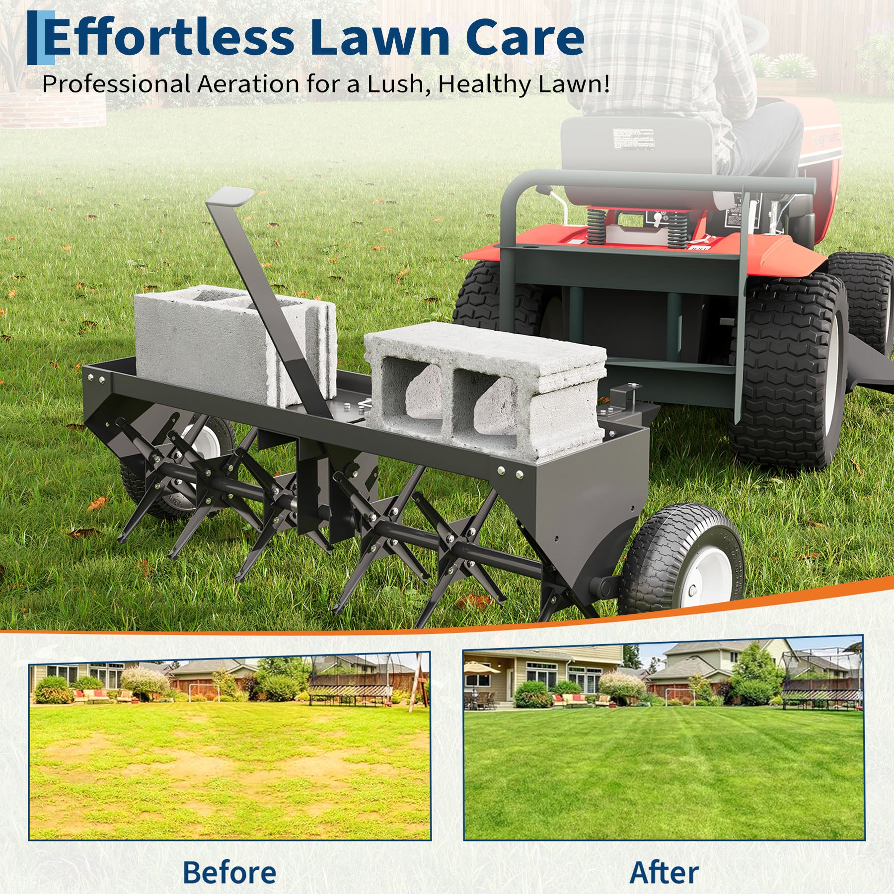 Garvee 40" Tow Behind Plug Aerator, 24 Steel Tines, 150 lb Weight Tray, Heavy-Duty Lawn Aerator with Universal Hitch & Pneumatic Wheels for Tractor & ATV
