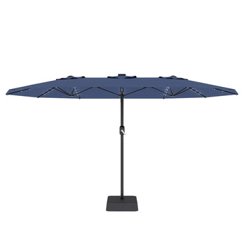 Garvee 15' Rectangular Patio Umbrella with Solar LED Lights & Base, Crank Handle UV-Resistant Outdoor Market Umbrella for Backyard, Pool & Patio, Blue