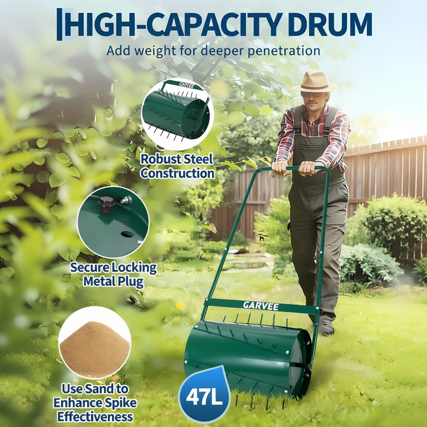 Garvee 23" 2-in-1 Lawn Roller & Spike Aerator, Push & Tow Behind Yard Tool, 13 Gallon Steel Drum with Heavy-Duty Tines for Lawn Leveling & Soil Aeration