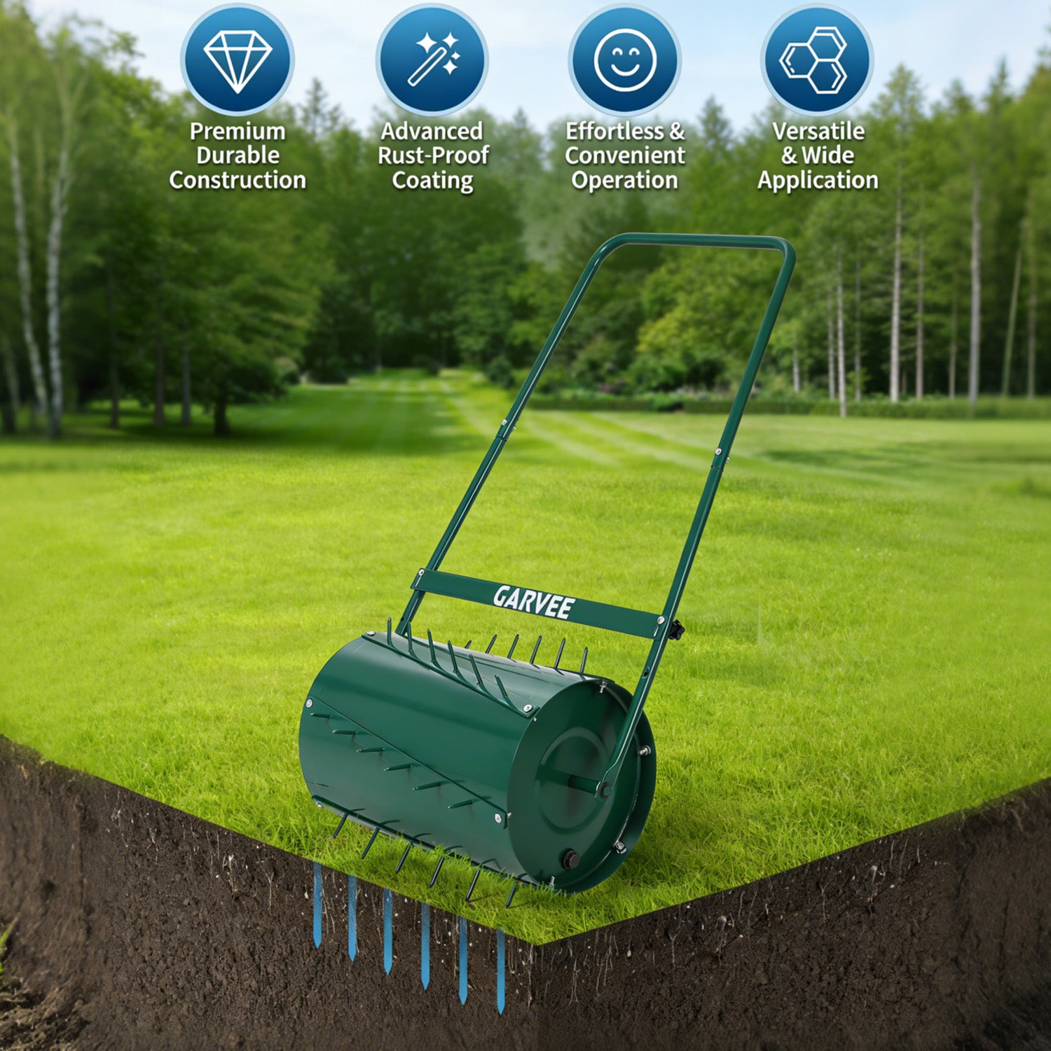 Garvee 23" 2-in-1 Lawn Roller & Spike Aerator, Push & Tow Behind Yard Tool, 13 Gallon Steel Drum with Heavy-Duty Tines for Lawn Leveling & Soil Aeration