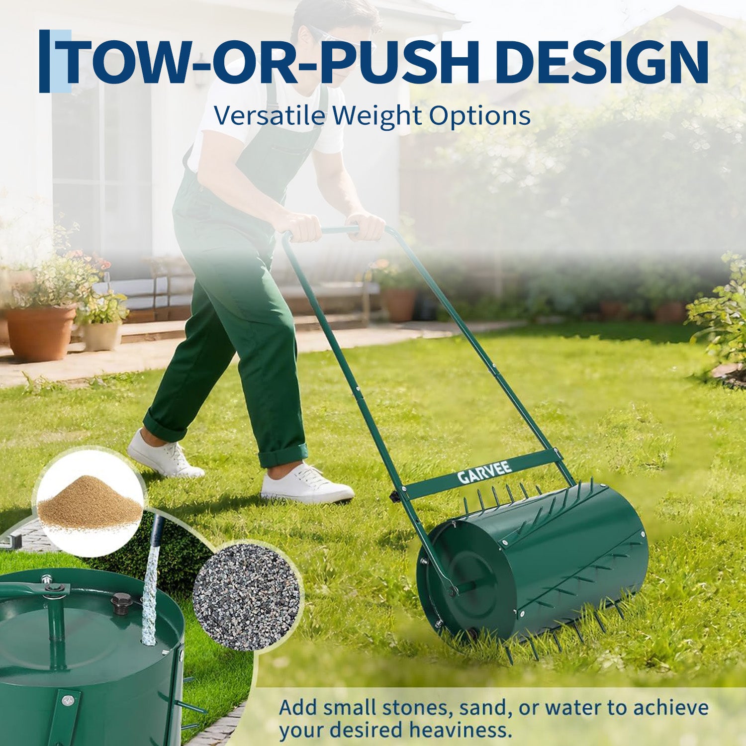 Garvee 23" 2-in-1 Lawn Roller & Spike Aerator, Push & Tow Behind Yard Tool, 13 Gallon Steel Drum with Heavy-Duty Tines for Lawn Leveling & Soil Aeration