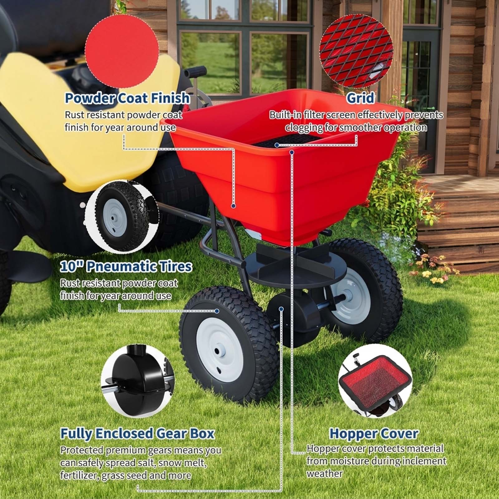 Garvee 85 lbs Tow Behind Broadcast Spreader with Hopper Cover, Adjustable Flow Control & 3 m Spread Width, Steel Frame Lawn Spreader with Universal Hitch for Seed, Fertilizer, Salt, Ice Melt, Red
