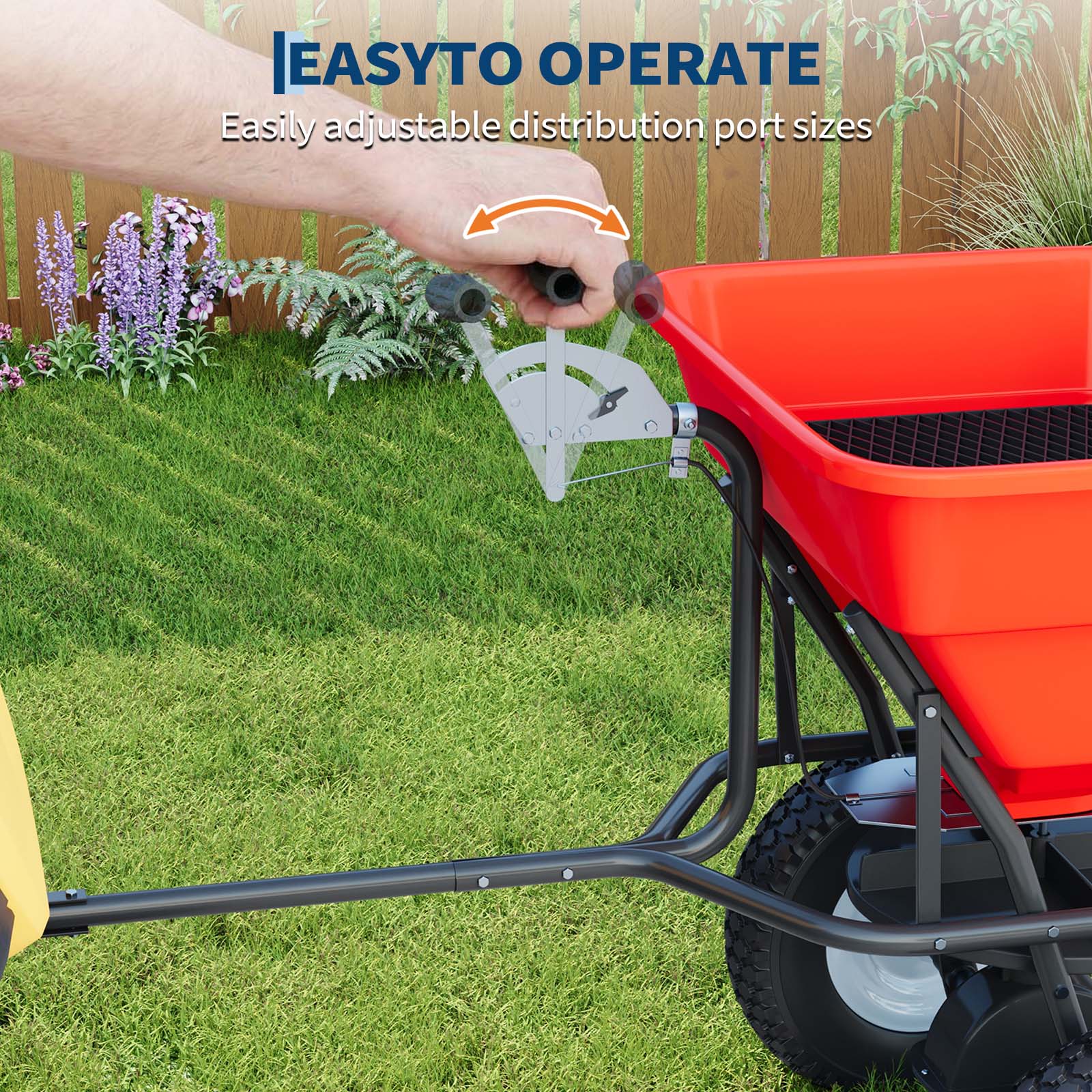 Garvee 85 lbs Tow Behind Broadcast Spreader with Hopper Cover, Adjustable Flow Control & 3 m Spread Width, Steel Frame Lawn Spreader with Universal Hitch for Seed, Fertilizer, Salt, Ice Melt, Red