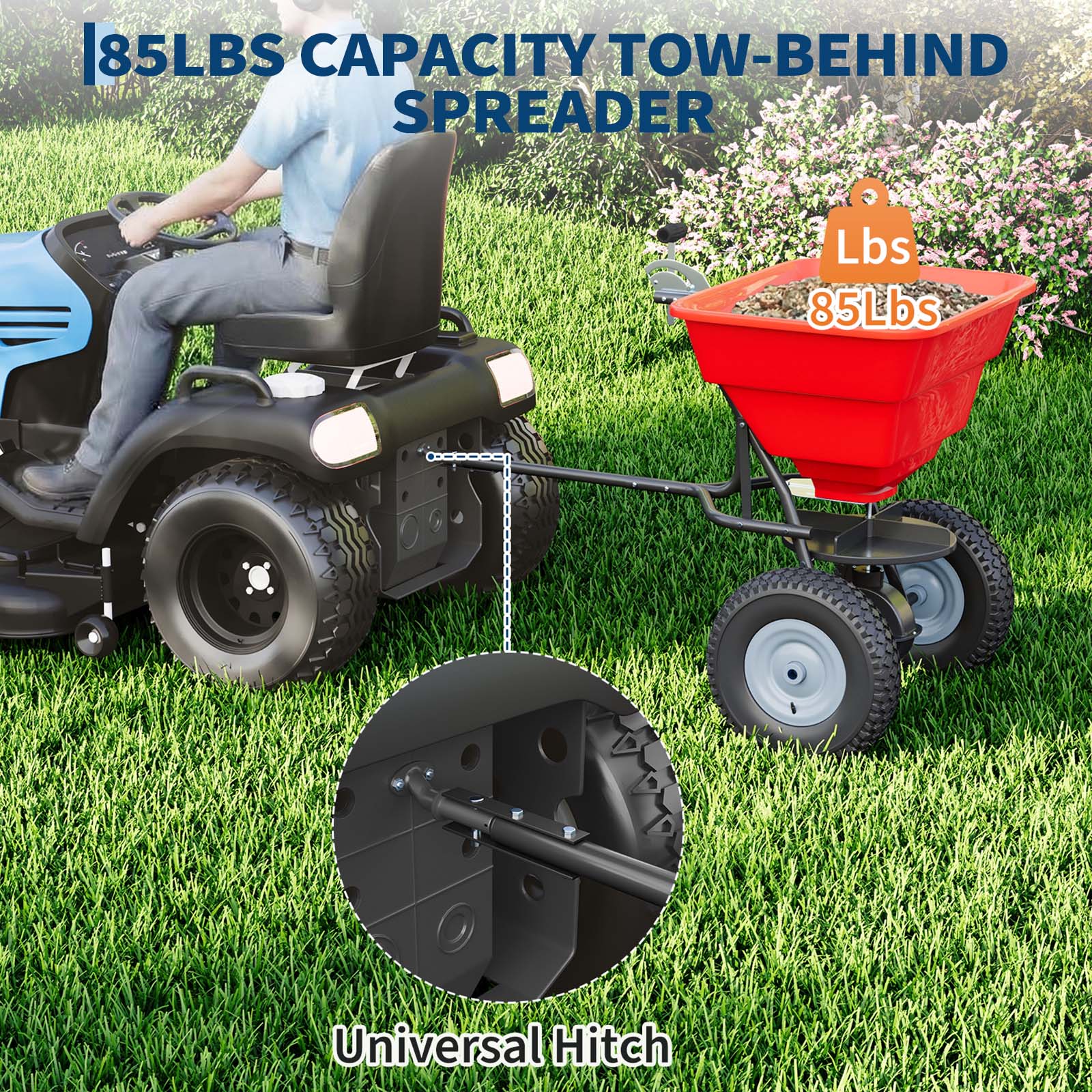 Garvee 85 lbs Tow Behind Broadcast Spreader with Hopper Cover, Adjustable Flow Control & 3 m Spread Width, Steel Frame Lawn Spreader with Universal Hitch for Seed, Fertilizer, Salt, Ice Melt, Red