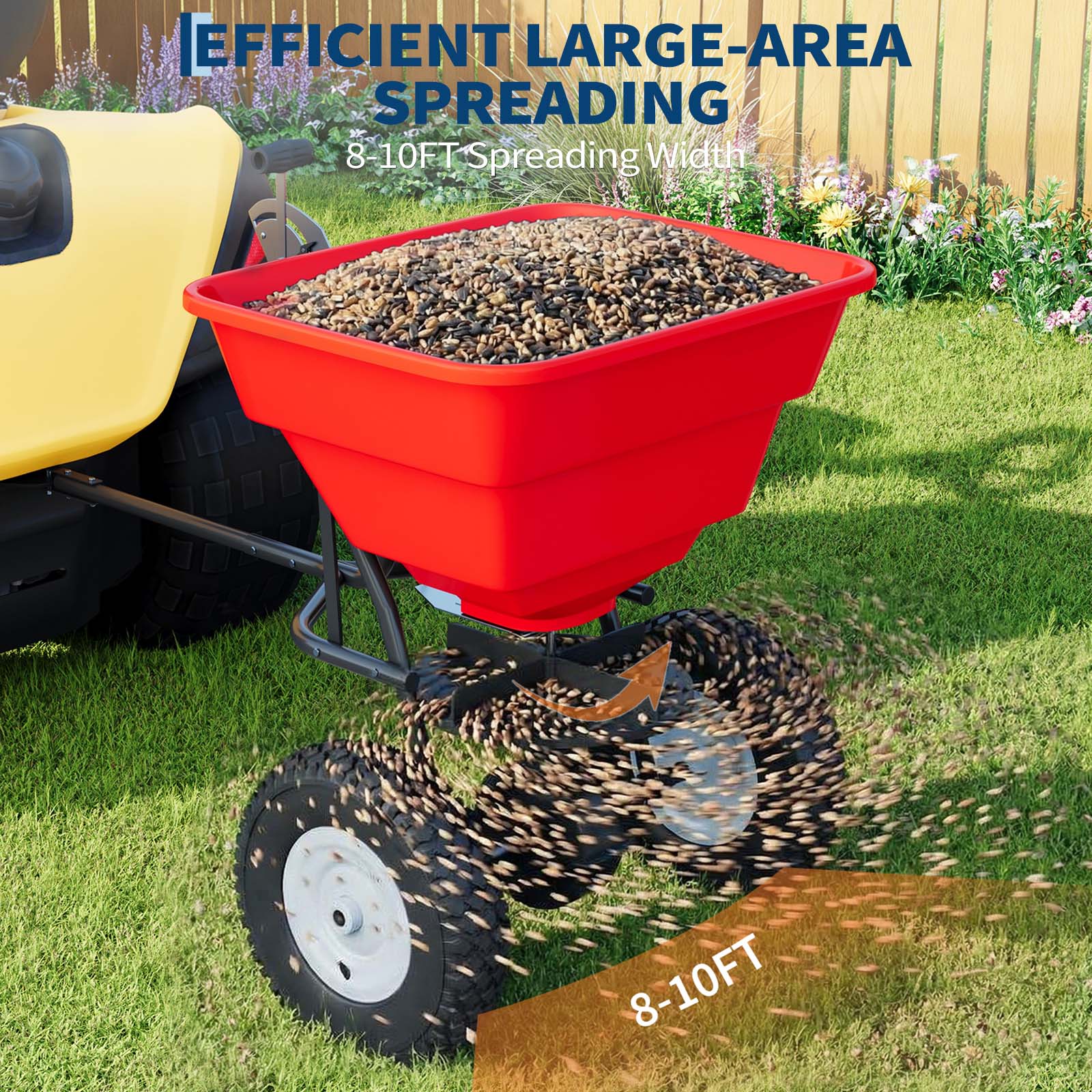 Garvee 85 lbs Tow Behind Broadcast Spreader with Hopper Cover, Adjustable Flow Control & 3 m Spread Width, Steel Frame Lawn Spreader with Universal Hitch for Seed, Fertilizer, Salt, Ice Melt, Red