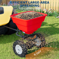 Garvee 85 lbs Tow Behind Broadcast Spreader with Hopper Cover, Adjustable Flow Control & 3 m Spread Width, Steel Frame Lawn Spreader with Universal Hitch for Seed, Fertilizer, Salt, Ice Melt, Red
