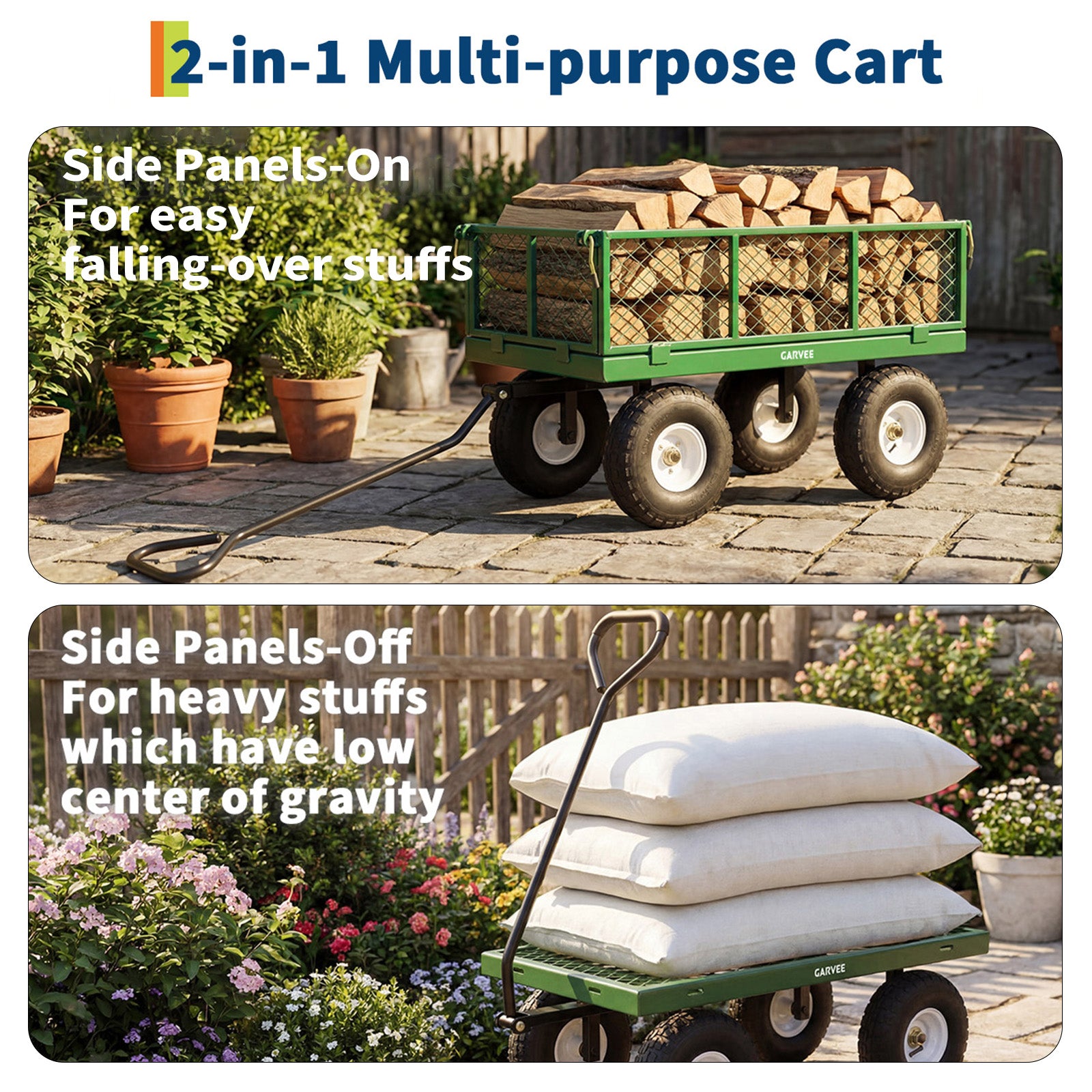 Garvee 400 lb Garden Cart Wagon, Heavy Duty Utility Cart with 10" Pneumatic Tires, Steel Frame, Removable Mesh Sides,Green