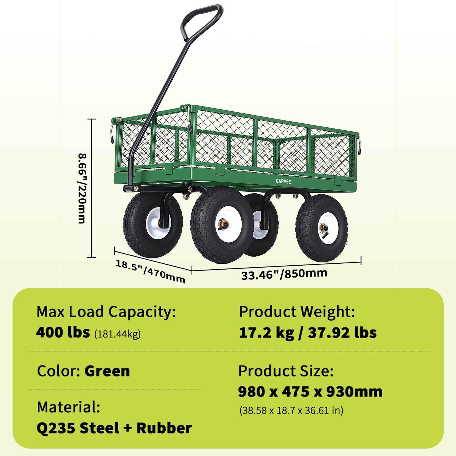 Garvee 400 lb Garden Cart Wagon, Heavy Duty Utility Cart with 10" Pneumatic Tires, Steel Frame, Removable Mesh Sides,Green
