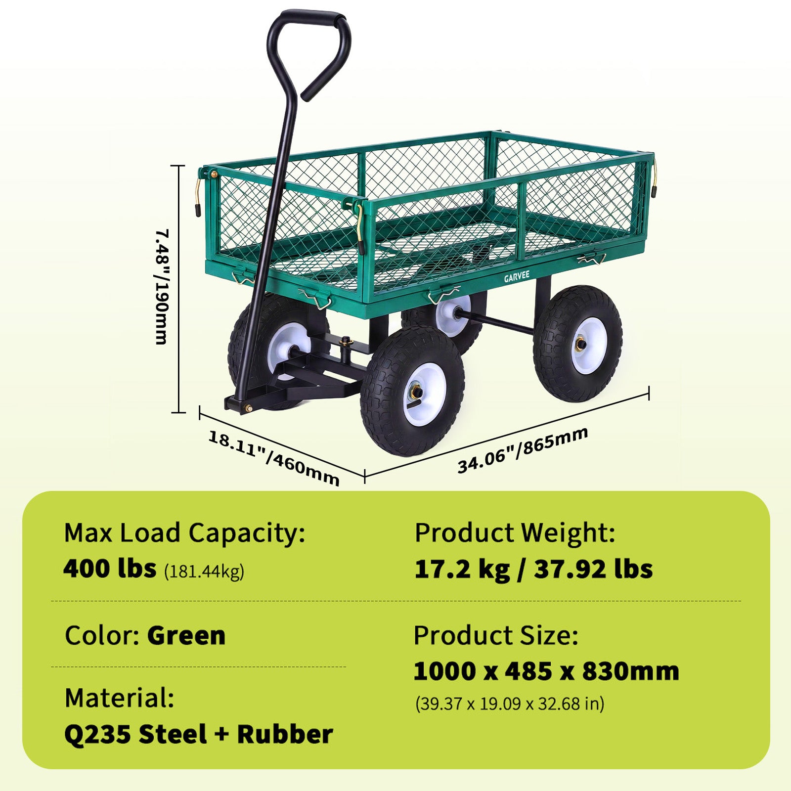 Garvee 400 lb Garden Cart Wagon, Heavy Duty Utility Cart with 10" Pneumatic Tires, Steel Frame, Removable Mesh Sides,Green